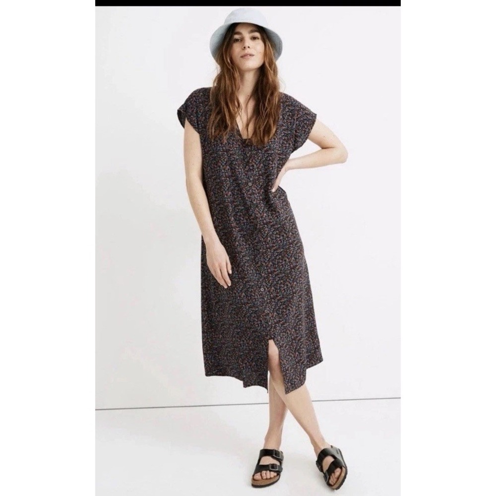 EUC Madewell Black Floral Button Midi Dress V-Neck Short Cap Sleeve Pockets XL